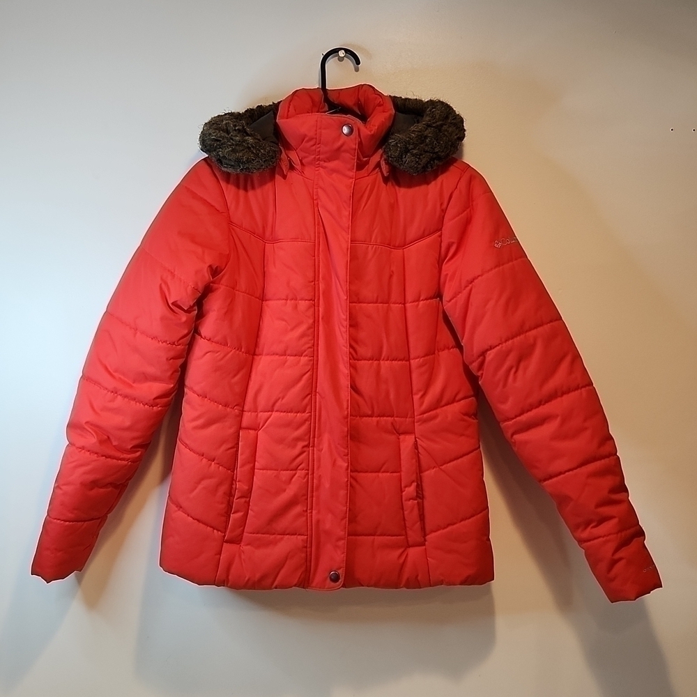 Columbia Pink Down Quilted Puffer Jacket Omni-Shield Faux Fur Hooded Womens Sz S